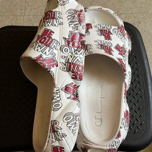 Champion White and Red Graphic Slide Sandals